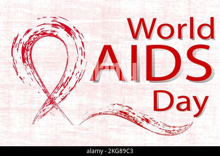 Red ribbon and inscription world aids day in grunge style on pink canvas. Vector image. Stock Vector