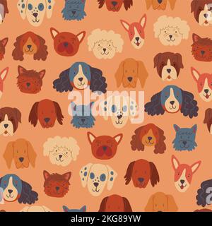 Vector seamless pattern with dogs faces on beige background. Popular dogs breeds pattern. Cartoon stylish dogs. . Vector illustration Stock Vector