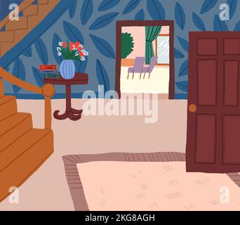 Vector illustration of the cozy interior of the home, entrance hall with stairs, flowers. Vintage style interior illustration. Vector illustration Stock Vector