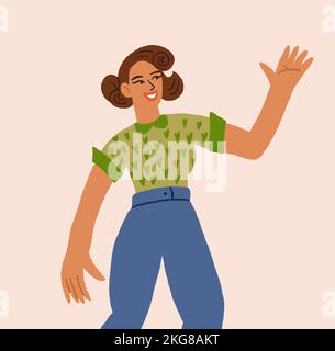 Vector illustration of happy smiling woman with vintage haircut wearing jeans, smiling woman in casual clothing greeting someone. Vector illustration Stock Vector