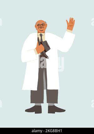 Happy smiling doctor in white rope and a costume greeting and taking off the hat from the head. Old school doctor character on light background. Vector illustration Stock Vector