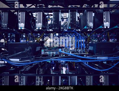 Close-up of computer cables and hard drives in server room Stock Photo