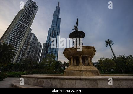 Ho Chi Minh City, Vietnam - November 07, 2022: View of Vinhomes Central Park and the Landmark 81 building in Saigon. Landmark 81, the tallest tower in Stock Photo