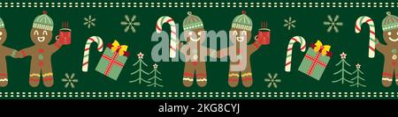 Cute gingerbread men, candy canes, presents seamless vector border background. Banner with traditional Christmas motifs on dark green backdrop. Fun Stock Vector
