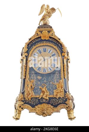 Gold and Marble Sculptural Clock Isolated. Decorative Golden Vintage Empire Style Decorative Time Pieces Statue for Living Room and Bedrooms. Retro Stock Photo