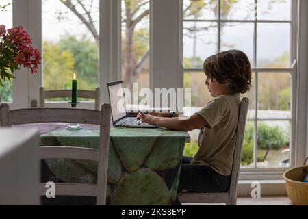 Boy (8-9) using laptop in dining room Stock Photo