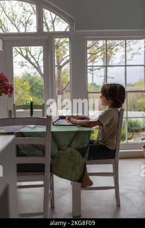 Boy (8-9) using laptop in dining room Stock Photo