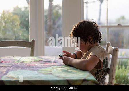 Boy (8-9) using smart phone in dining room Stock Photo