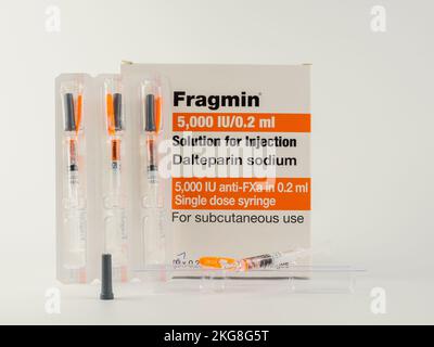 Cardiff Mid Glamorgan WAles UK November 19 2022 Single Dose Blood Thinner Fragmin Syringes by Pfizer on a White Background Stock Photo