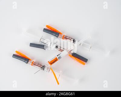 Cardiff Mid Glamorgan Wales UK November 19 2022 Single Dose Blood Thinner Syringes  on a White Background Stock Photo