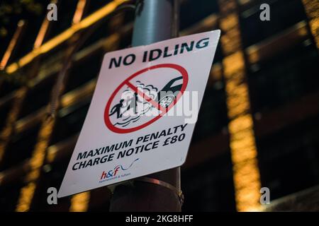 London, UK - November 4, 2022: Warning sign: No idling. Maximum penalty charge notice 80 pounds. Idle car sign. Drivers must turn off their engines.