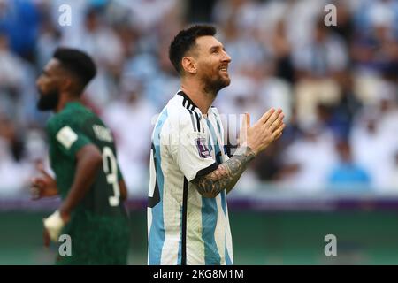 Doha, Qatar. 22nd Nov, 2022. Lionel Messi of Argentina reacts during the 2022 FIFA World Cup Group C match at the Stadium 974 in Doha, Qatar on November 22, 2022. Photo by Chris Brunskill/UPI Credit: UPI/Alamy Live News Stock Photo