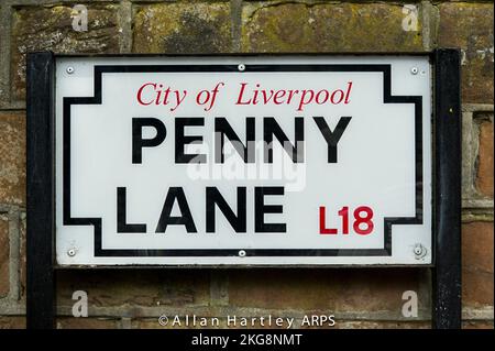 Street road sign in Liverpool for Penny Lane made famous by the Beatles pop group, the Fab 4 who sang about Penny Lane Stock Photo