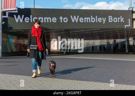 Wembley Park, London, UK. 22nd November 2022. EMBARGOED UNTIL 08:00 WEDNESDAY 23rd NOVEMBER.  Today, Wembley Park became ‘Wembley Bark’ as it celebrated becoming London’s newest dog-friendly neighbourhood, welcoming a brand new dog day-care and spa 'The Cuddle Club.' Photo by Amanda Rose/Alamy Live News Stock Photo
