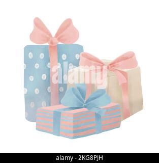 Watercolor Gift Boxes in cute pastel colors. Hand drawn holiday illustration on isolated background for Happy Birthday or holiday design. Presents for new year or Christmas in retro style. Stock Photo