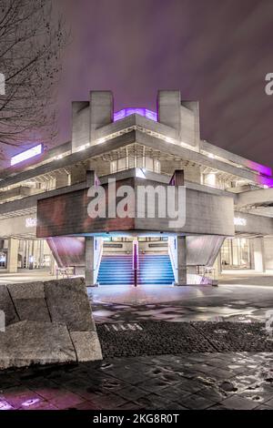 A long exposure shot of the National Theatre's Brutalist Home on London's South Bank taken at night in the winter. Stock Photo