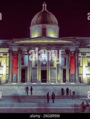 A long exposure shot of the National Gallery, London, showing figures and ghostlike figures on the steps at Trafalgar Sqaure Stock Photo