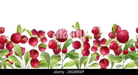 Cranberry watercolor Border. Hand drawn frame with red berries for greeting cards or invitation. Lingonberry with green leaves Stock Photo