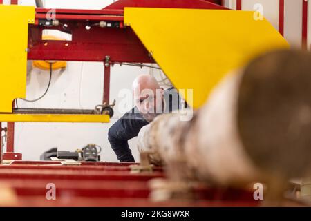 Young man working on the machine for processing the wood, huge wood cutter or saw, industrial concept Stock Photo