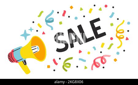 Banner announcing sale in megaphone. Promotion poster template super sale vector illustration Stock Vector