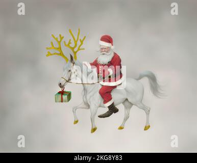 Santa Claus is riding on a tiny horse that pretends to be a reindeer. Stock Photo