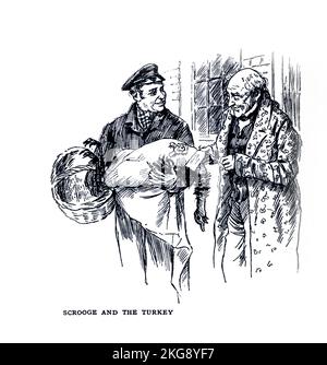 SCROOGE AND THE TURKEY from the 1843 novella A Christmas Carol by Charles Dickens. from the book Dickens' dream children by Mary Angela Dickens (Charles Dickens granddaughter) and illustrated by Harold Copping Published 1900 by Raphael Tuck and Sons London Stock Photo