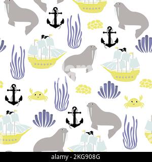 Vector seamless pattern with walrus, ship, crab, anchor, seaweed.Underwater cartoon creatures.Marine background.Cute ocean pattern for fabric Stock Vector