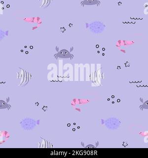 Vector seamless pattern with shrimp, crab, fugu fish, scalaria fish.Underwater cartoon creatures.Marine background.Cute ocean pattern for fabric Stock Vector