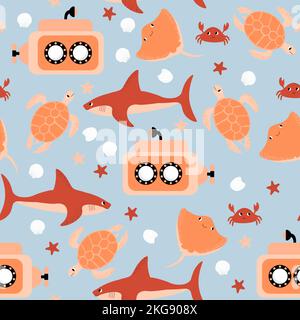 Vector seamless pattern with shark, submarine, turtle, crab, devil fish.Underwater cartoon creatures.Marine background.Cute ocean pattern for fabric Stock Vector