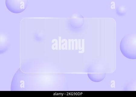 Violet abstract background of 3d bubbles with glassmorphism rectangular plate in the center. Horizontal lilac banner template with translucent frame Stock Vector