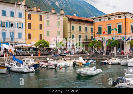 Gargnano Italy, view in summer of the scenic harbour area in the lakeside town of Gargnano, Lombardy, Italy Stock Photo