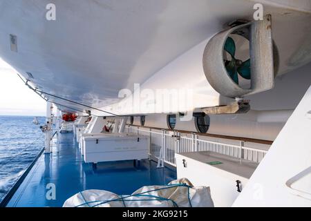 Santander, Spain. 20th October 2022. Emergency lifeboat in its ready stowed position onboard the Brittany Ferries Pont Aven cruise ship. Stock Photo