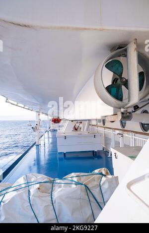 Santander, Spain. 20th October 2022. Emergency lifeboat in its ready stowed position onboard the Brittany Ferries Pont Aven cruise ship. Stock Photo