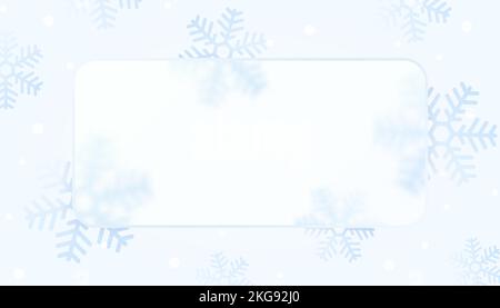 Christmas background with snowflakes and glassmorphism rectangular plate in the center. Trendy banner template in glassmorphism style. Magic holiday Stock Vector