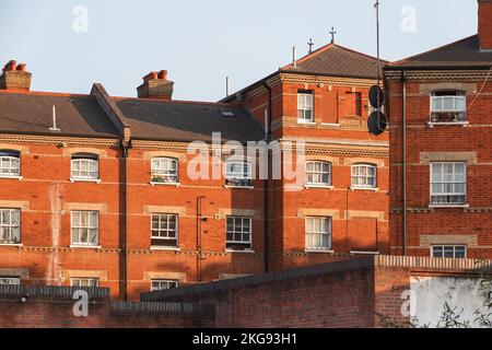 Terrace of red brick built houses with sash windows around Cambridge Heath in London Stock Photo