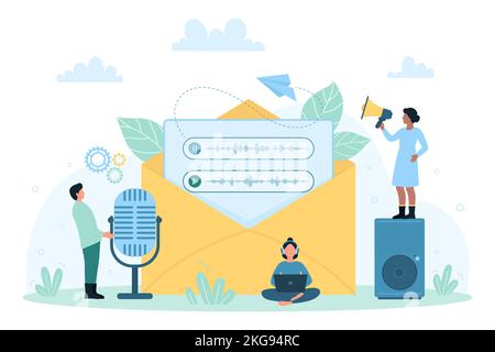 Voice mail service vector illustration. Cartoon tiny people record audio message, use megaphone and laptop, big microphone and envelope, online social media messenger to send sound information, Stock Vector