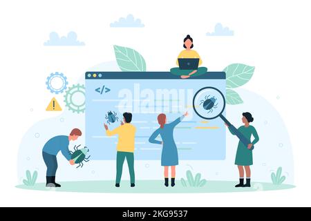 Bug report, error of software vector illustration. Cartoon tiny testers look through magnifying glass at bug in computer code during digital test, programmers debug mobile apps and analyze fails Stock Vector