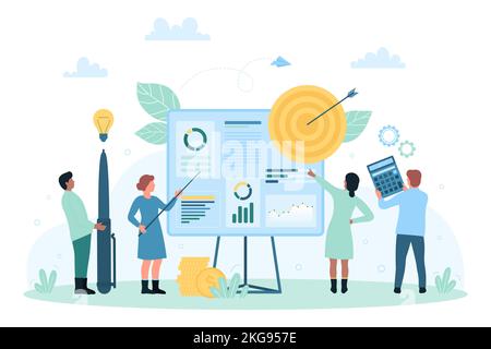 Business presentation and marketing analysis by office team vector illustration. Cartoon tiny people work with pen, calculator and charts on board, characters training with corporate statistics Stock Vector