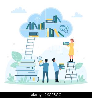 Cloud library, digital database for education vector illustration. Cartoon tiny people holding devices to connect to virtual knowledge storage and read books, download files and folders online Stock Vector