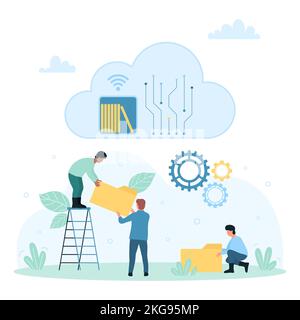 Cloud library for data and digital information storage illustration. Cartoon tiny people holding folders to upload to shelf of virtual disc, online service for document downloads and system backups Stock Vector