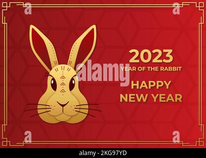 Happy chinese new year 2023 year of the rabbit. Greeting card with head of bunny in gold color on red background in craft style. Vector illustration. Stock Vector