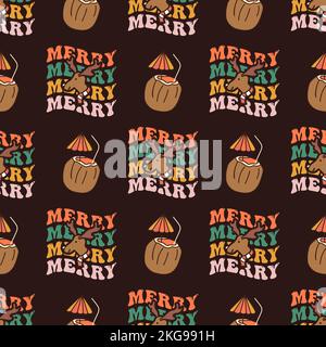 Retro Groovy Christmas seamless pattern with . Cute Holidays background. Wrapping design. Stock vector Stock Vector