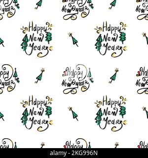 New Year s holiday. Seamless illustration with calligraphic black letters and colored elements. Textile, wrapping paper or background. Vector Stock Vector