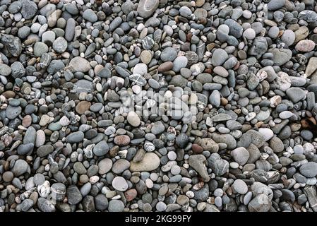 Abstract background with black and gray round sea pebble stones texture Stock Photo