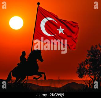 Turkey National Flag waving in hands of soldier on horse back, depicting victory, conquest, and freedom Stock Photo