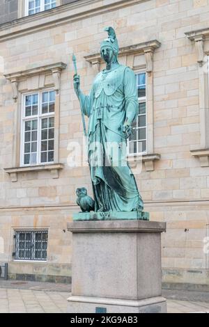Copenhagen, Denmark - July 26, 2022: Sculpture of Minerva (Etruscan: Minerva),Roman goddess of wisdom and sponsor of arts, trade, and strategy. Stock Photo