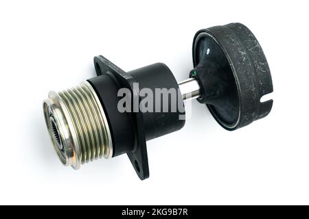 New car power generator clutch pulley shaft with rubber damper on white background Stock Photo