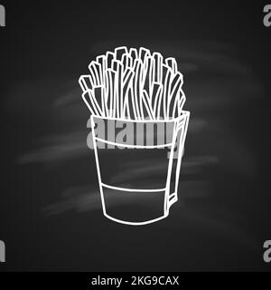 Hand Drawn Ink Sketch of Pack of salty French Fries on Blackboard Stock Vector