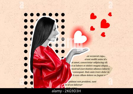 Photo sketch collage graphics artwork picture of happy smiling lady sending shiny bright hearts isolated drawing background Stock Photo