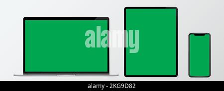 Digital Computer device mockups. 3d vector editable laptop, LED, smartphone and tablet EPS files. Stock Vector